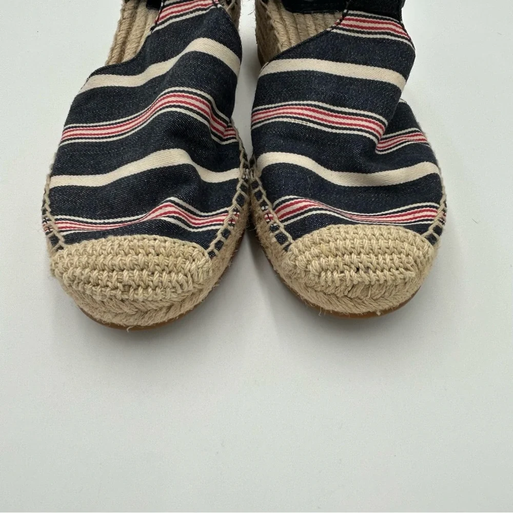Tory Burch Catalina Espadrille Wedge Preppy Chic Striped Canvas Sandals Navy 7M